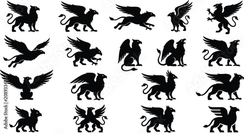 Billede på lærred Griffin silhouette set featuring various poses of mythical eagle lion hybrid legendary beasts icons