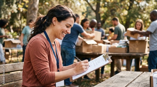 Volunteer Writing On A Clipboard While Others Sort Donations
