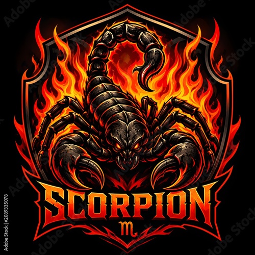 Fiery Scorpion Emblem Logo With Flames and Bold Scorpio Illustration For Tattoo And Gaming