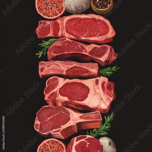Fresh Raw Beef Cuts on Dark Background Display.