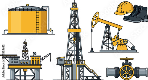 Cuadro en lienzo Industrial Oil and Gas Extraction Vector Set with Drilling Rig Offshore Platform