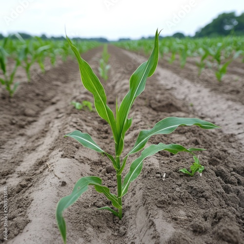 Young Corn Plant Growing in Agricultural Field.
