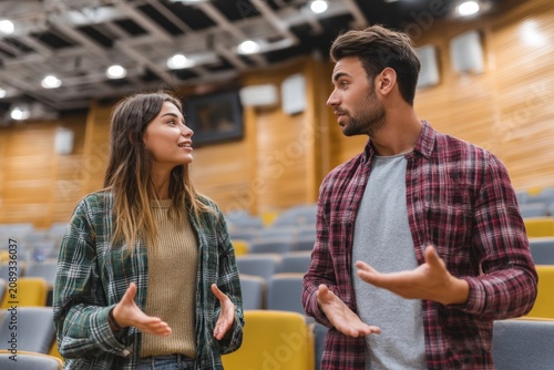 Two young friends engaged in a lively conversation inside a modern auditorium with stylish seating and wood accents. Communicative and friendly interaction creates a warm atmosphere. Generative AI