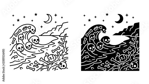 Obraz na płótnie Grisly Tide: A spooky illustration of a large wave filled with skulls and bones crashing ashore under a crescent moon and starry sky, perfect for a macabre or Halloween theme
