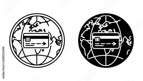 Tableau sur toile Global Payment Solutions: Two icons depicting a credit card superimposed on a world map, one in black and white outline and the other in inverse colors