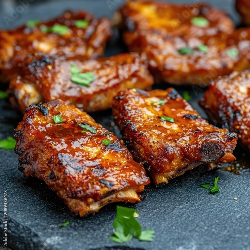 Deliciously glazed grilled ribs showcasing a shiny exterior, ideal for barbecue lovers craving a rich flavor experience..