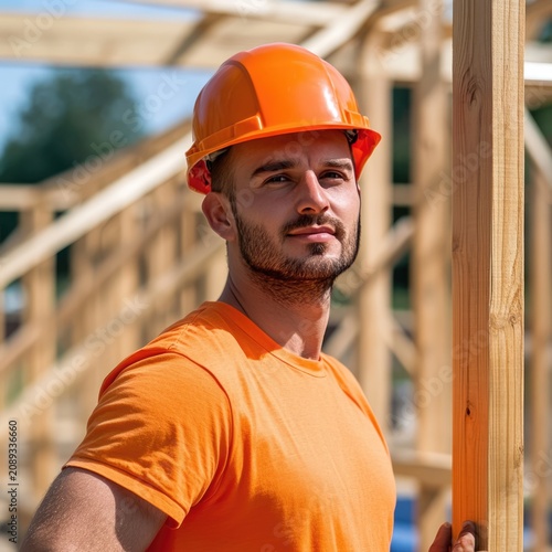 confident builder in a hard hat, showcasing determination and focus on a construction site framed by wood.