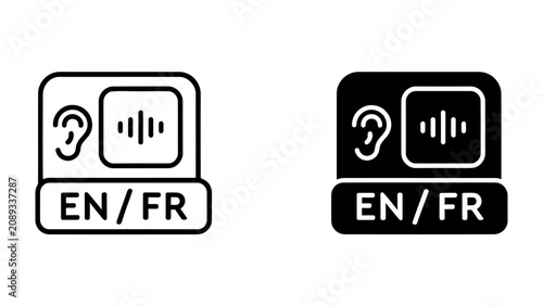 Obraz na plátně Audio Language Options: Icons representing language choice for audio content, showing an ear symbol, a waveform, and language codes EN/FR for English and French