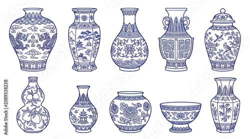 Fotografie Collection of Blue and White Porcelain Vases - Chinese Ceramic Art