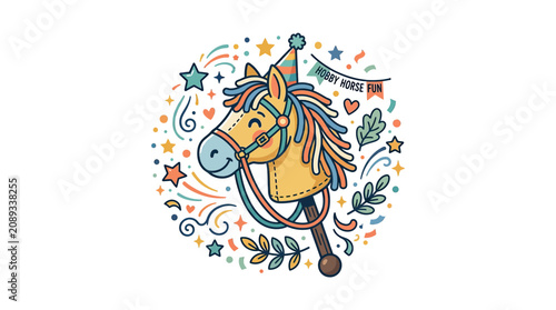 Schilderij op canvas Cute Hobby Horse Toy with Party Hat and Confetti - Birthday Celebration