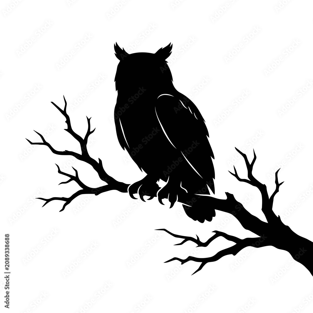 Fototapeta premium Black owl silhouette perched on a bare tree branch, spooky night bird vector illustration, halloween graphic element isolated on White Background