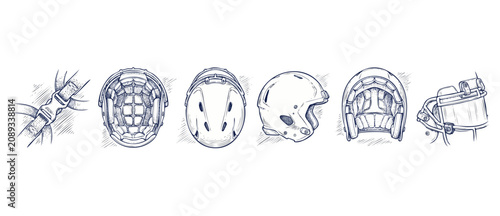 Canvas Print Hockey helmet safety gear diagram showing technical sketches of protective headwear parts in engraving vector style, illustrating interior padding, visor shield, strap buckle lock, and side views set