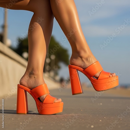 Vibrant Orange Platform Mules on a Womans Feet Outdoors.