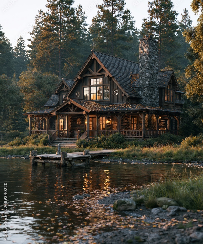 Fototapeta premium Rustic luxury lodge reflecting on lake water at sunset, creating a tranquil and inviting atmosphere in nature