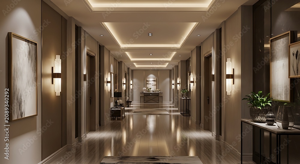 Obraz premium Modern hotel corridor with elegant lighting.