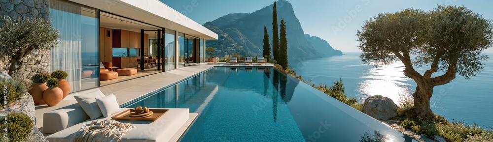 Fototapeta premium Modern luxury villa with infinity pool overlooking the scenic italian coast and mediterranean sea