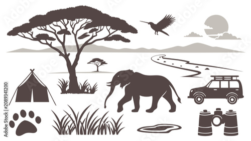 Canvas Print African safari wildlife and nature expedition silhouette elements with wildlife