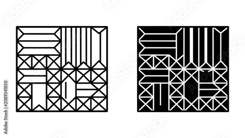 Obraz na płótnie Geometric Pattern Duo: Two square-shaped artistic compositions, one in black and white and the other in inverse colors, display intricate geometric patterns with lines and shapes