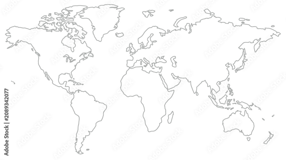 Fototapeta premium A simple black and white outline map of the world showing all continents.