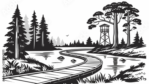 Quadro su tela Wooden boardwalk through forest lake and fire lookout tower with boardwalk