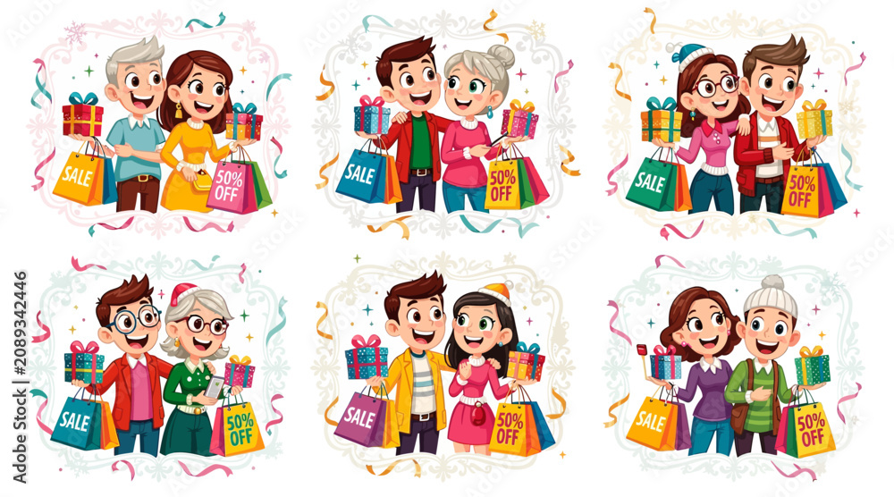 Fototapeta premium happy couples with shopping bags and gifts