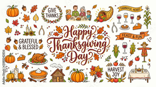 Happy Thanksgiving Day Celebration Icon Set - Pumpkins, Turkey, Feast, Leaves