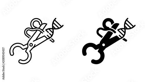 Foto Gene Editing Scissors: An icon representing gene editing, showing scissors precisely cutting a DNA helix, symbolizing genetic modification and scientific advancement