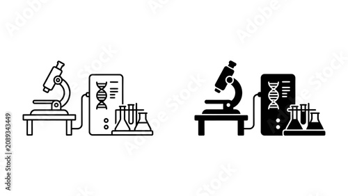 Fotografía Scientific Research Equipment: A minimalist representation of scientific laboratory equipment, including a microscope, DNA sequencer, and test tubes, symbolizing innovation and discovery