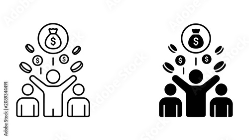 Financial Success Icons: A set of stylized icons depicting individuals celebrating financial gain, with coins and a money bag symbolizing prosperity and wealth.