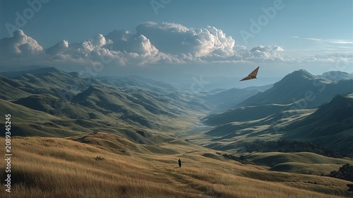 Majestic valley view with a lone figure walking through golden grass under a painted sky at dusk, while a delicate kite dances above serene hills