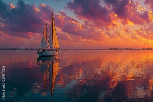 As I sail gracefully into the horizon, the vibrant sunset paints the sky with a myriad of colorful clouds, their reflections dancing on the calm waters beside a serene and peaceful shore