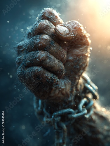 A defiant fist shatters the bonds of chains, shining brightly in the warm glow of light that pierces through the misty atmosphere surrounding it
