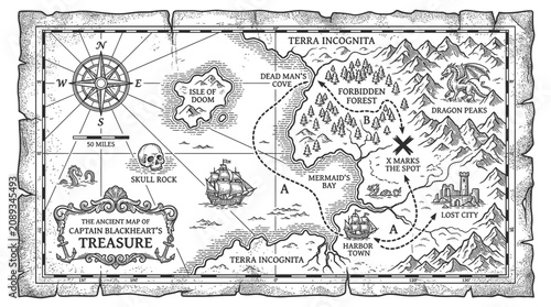 Tableau sur toile Hand-drawn treasure map with compass, skull, ship, and 'X marks the spot'