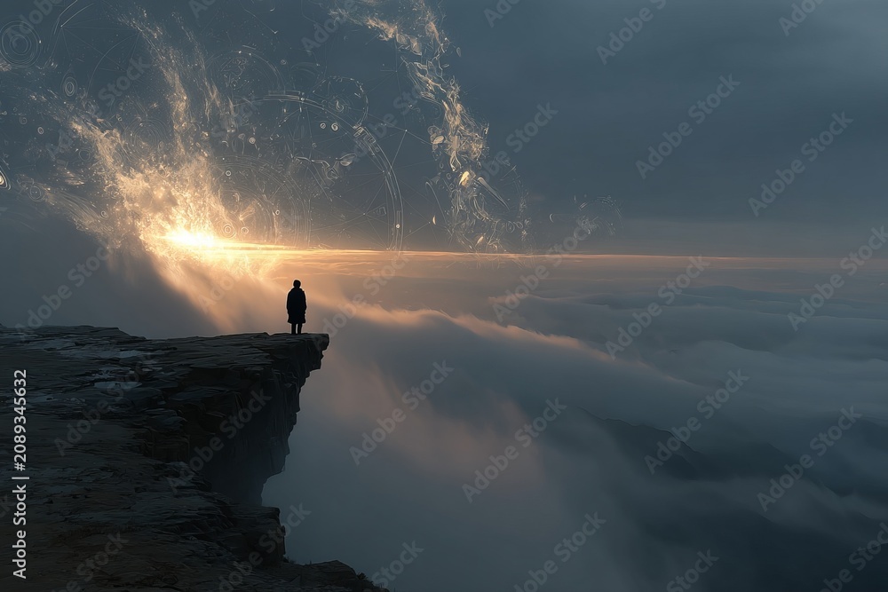 Naklejka premium Embark on an incredible journey to the very edge of the world, where you can witness the breathtaking sunrise casting its golden light over misty valleys and illuminating surreal, otherworldly skies
