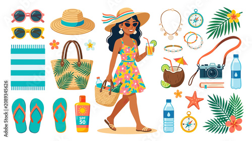 Canvas Print Summer Vacation Woman with Beach Accessories, Tropical Vibes