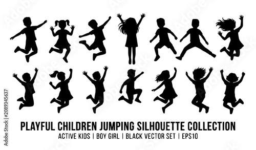 Fotografie Design an original vector collection of 32 black child silhouettes isolated on a solid white background