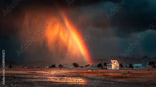 Breathtaking rainbow arches above a quaint house as stormy skies give way to serene beauty in a remote landscape during twilight hours