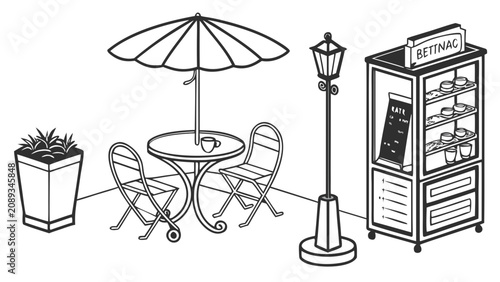 Tableau sur toile Outdoor cafe terrace furniture setup with umbrella and glass display case