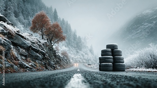 Snowy mountain road with stacked tires in scenic landscape on a chilly winter day depicting stillness and beauty of nature