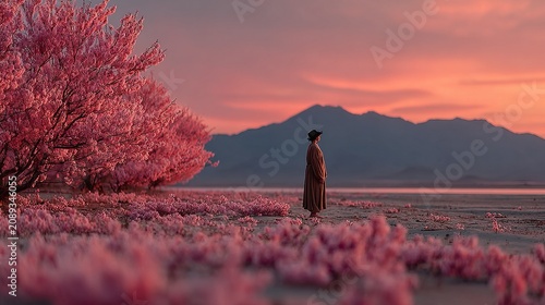 Beneath blooming cherry blossoms, a figure stands in tranquil solitude as vibrant hues of sunset paint the sky with warm shades of orange and pink