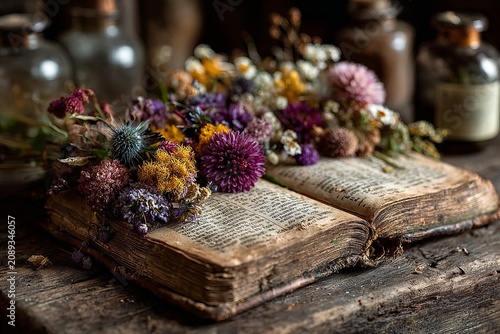 Vintage book adorned with vibrant dried flowers resting on a rustic wooden table surrounded by ancient glass jars filled with mysterious potions