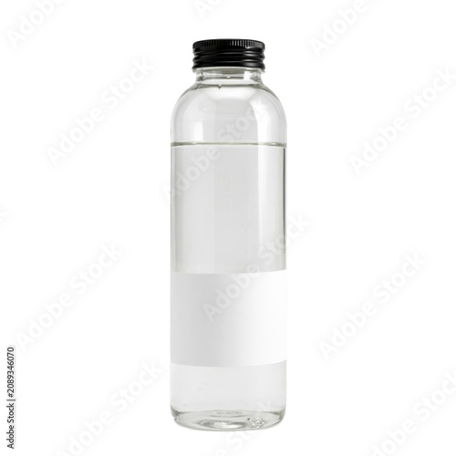 A clear plastic bottle filled with transparent liquid, featuring a black screw cap and a blank white label, isolated on a white background