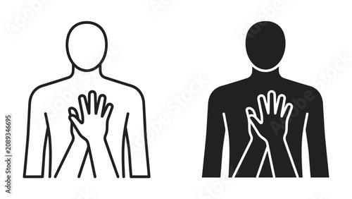 Compassion and Support: Two stylized human figures, one outlined and the other filled, depicted with hands placed on the chest, symbolizing comfort, empathy, and care.