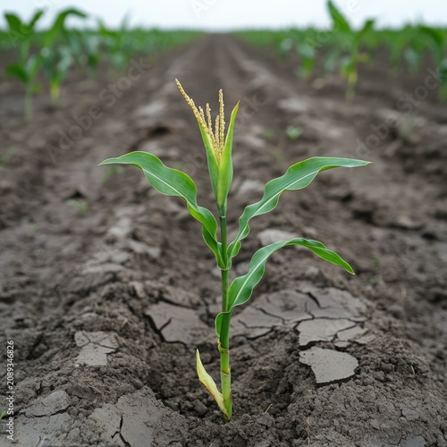 Young Corn Plant Growing in Agricultural Field.