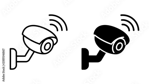Foto Security Camera Icons: A set of minimalist icons depicting a security camera mounted on a wall, transmitting signals wirelessly, symbolizing surveillance and protection