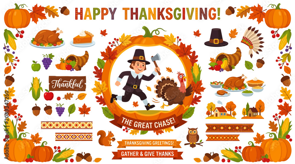 Fototapeta premium Happy Thanksgiving Clipart - Autumn Harvest Celebration Elements