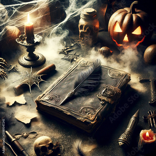 Halloween theme magic books surrounded by amulets, candles, pumpkin masks and other magic items
