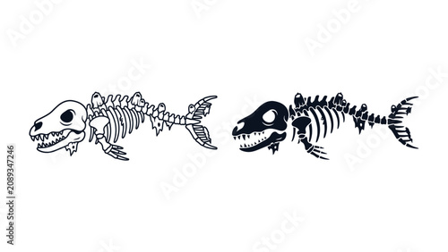 Billede på lærred Fish Skeleton Duo: Two artistic depictions of fish skeletons, one in outline and the other in solid black, showcase intricate bone structures in a minimalist style
