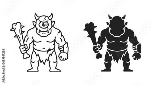 Fotografie Monstrous Duo: A cyclops monster with a club and a horned creature stand side-by-side, presented in both line art and silhouette form, representing a fantasy or graphic design element
