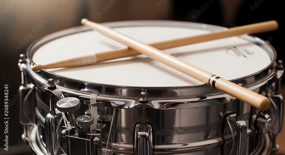 Obraz premium Drum with drumsticks on top closeup.